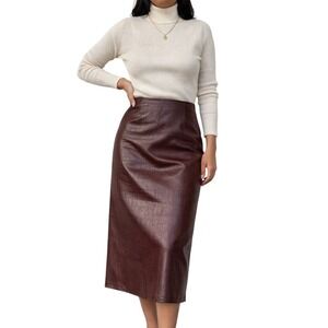 LILLIE RUBIN 90's Burgundy Croc Embossed Leather Midi Skirt Vintage Size 4